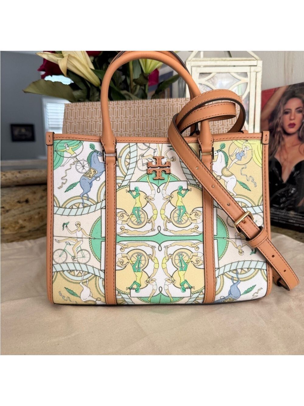 $480 Tory Burch Blake Printed Canvas Small Tote, Green Multi, LAST ONE